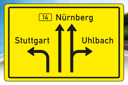 Yellow sign with directions.